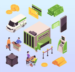 Bank office isometric icons set. Bank armored van, cash, coins, gold bars, ATM, credit card, safe and online transaction. Financial management. Cartoon 3D vector collection isolated on background