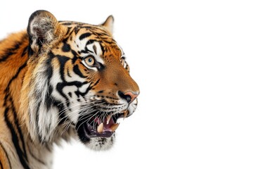 Mystic portrait of Bengal Tiger in studio, copy space on right side, Anger, Menacing, Headshot, Close-up View Isolated on white background