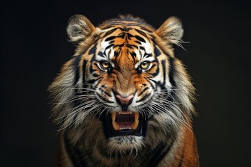 Obraz premium Mystic portrait of Bengal Tiger in studio, copy space on right side, Anger, Menacing, Headshot, Close-up View Isolated on black background