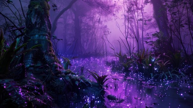 Enchanted purple forest at twilight, Magical landscape of a mystical purple forest illuminated by glowing flora
