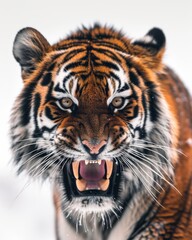 Fototapeta premium Mystic portrait of Indochinese Tiger, copy space on right side, Anger, Menacing, Headshot, Close-up View Isolated on white background