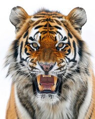 Mystic portrait of Siberian Tiger, copy space on right side, Anger, Menacing, Headshot, Close-up View Isolated on white background
