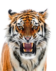 Mystic portrait of Siberian Tiger, copy space on right side, Anger, Menacing, Headshot, Close-up View Isolated on white background