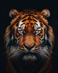 Fototapeta premium Mystic portrait of Siberian Tiger, copy space on right side, Anger, Menacing, Headshot, Close-up View Isolated on black background