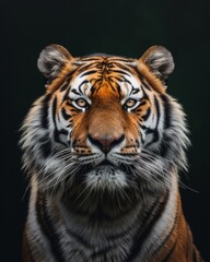 Naklejka premium Mystic portrait of Siberian Tiger, copy space on right side, Anger, Menacing, Headshot, Close-up View Isolated on black background