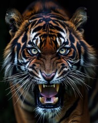 Fototapeta premium Mystic portrait of Sumatran Tiger, copy space on right side, Anger, Menacing, Headshot, Close-up View Isolated on black background