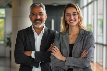 A smiling mature Latin Indian businessman stands in an office with his arms crossed