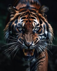 Fototapeta premium Mystic portrait of Sumatran Tiger, copy space on right side, Anger, Menacing, Headshot, Close-up View Isolated on black background