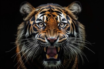 Fototapeta premium Mystic portrait of Sumatran Tiger in studio, copy space on right side, Anger, Menacing, Headshot, Close-up View Isolated on black background