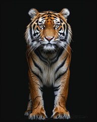 the Bengal Tiger, portrait view, white copy space on right Isolated on black background
