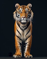 Fototapeta premium the Bengal Tiger, portrait view, white copy space on right Isolated on black background