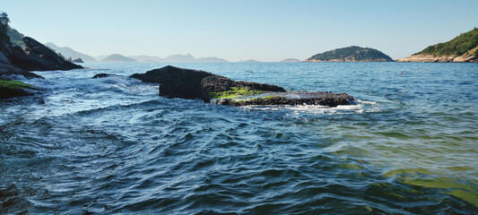 beach sand stone sea wave water vegetation coconut palm tree wall texture blue sky horizon...