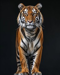 Fototapeta premium the Bengal Tiger, portrait view, white copy space on right Isolated on black background