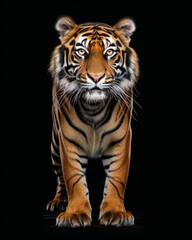 the Sumatran Tiger, portrait view, white copy space on right Isolated on black background