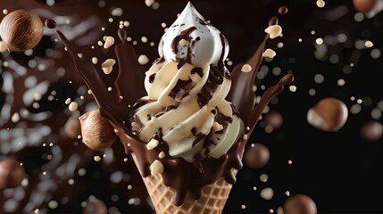 Naklejka premium closeup floating Ice cream cone with hazelnut, vanilla and chocolate with splash chocolate and tiny hazelnut on chocolate color background, advertising 