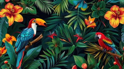 Macaw and toucan birds on background botanical garden flower illustration green leaves nature design.