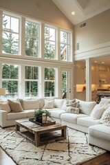 Bright living room with white furniture, large windows, kitchen