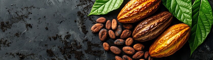 Cacao pods and beans with green leaves, dark background Closeup, dramatic lighting