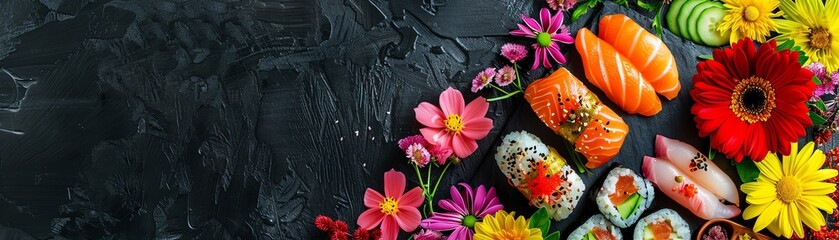 Elegant sushi platter with vibrant flowers, assorted sushi pieces, dark wooden background - Powered by Adobe