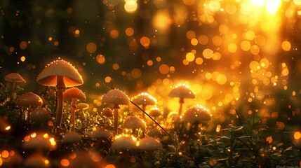 A mesmerizing close-up of a group of mushrooms in a forest, bathed in the golden glow of a sunrise.