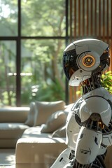 Fototapeta premium Futuristic robot in modern living room, sunlight streaming through windows