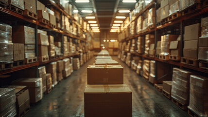 Obraz premium diferent angle, a ware house of delivery company with a lot of boxes,generative ai
