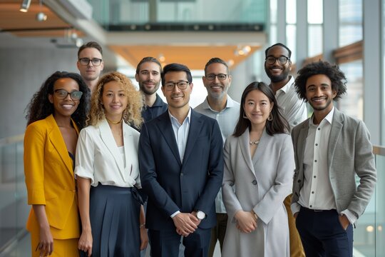 A group of successful business people stand in a modern office hallway