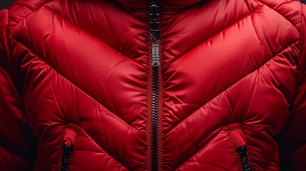Detailed close-up of a red puffer jacket, ready for product advertisement text, isolated background, professional studio lighting