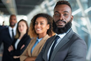 A diverse team of business professionals, led by a confident African American businessman, stand together in a modern office setting
