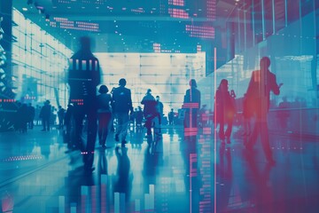 Silhouettes of business people in an office setting with data visualizations overlaid