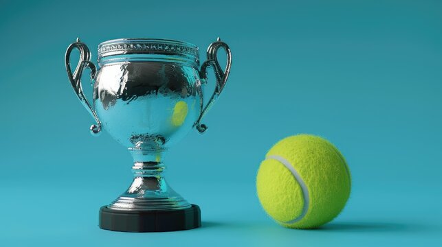 Trophy and tennis ball on a blue background