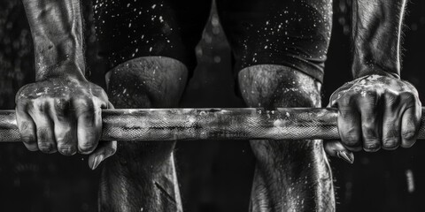 A close-up of a weightlifter's chalked hands gripping a barbell