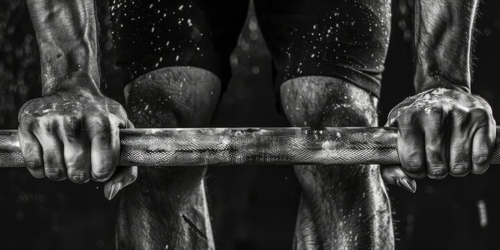 A close-up of a weightlifter's chalked hands gripping a barbell