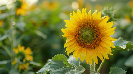 Fototapeta premium Bright sunflower in full bloom with vibrant yellow petals and a green center, surrounded by a lush field of sunflowers under soft natural light.