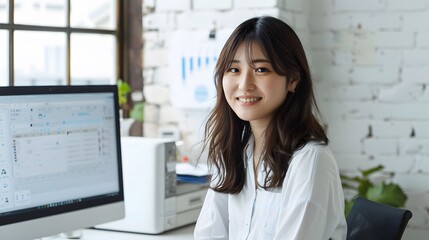 パソコンの前で微笑むビジネスウーマン