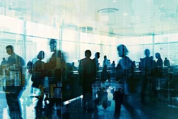 Silhouette of business people working in an office with financial data processing overlay