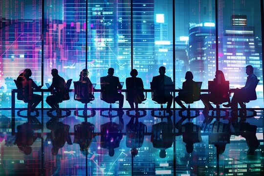 Silhouettes of business professionals working with financial data in an office overlooking a city skyline