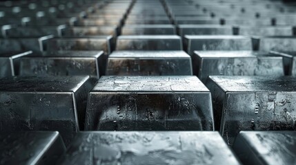 Obraz premium Close-up view of glittering silver bars in a rising stair formation, with plenty of space for text, ideal for ads