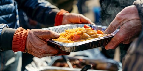 A close-up of a volunteer handing a hot meal to a homeless person at a soup kitchen