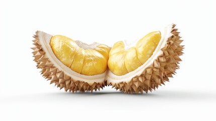 High-quality image of a durian cut open, showing its creamy interior, against a white background
