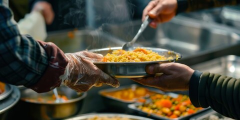 A close-up of a volunteer handing a hot meal to a homeless person at a soup kitchen