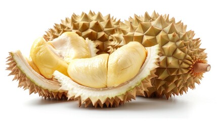 Fototapeta premium High-quality image of a durian cut open, showing its creamy interior, against a white background