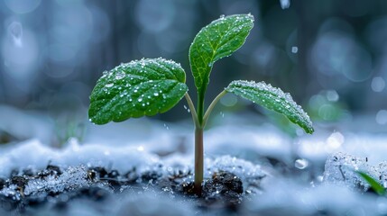 Close-up view of a green sprout emerging from snow-covered ground, with droplets of melting snow glistening on its leaves