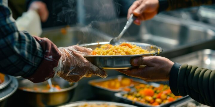 A close-up of a volunteer handing a hot meal to a homeless person at a soup kitchen