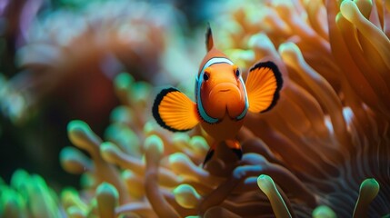 A Close Perspective on a False Clown Anemone Fish, Amphiprion ocellaris, in its Natural Habitat