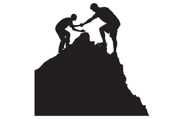 Helping friend reach the mountain top silhouette, Silhouette team helping, Teamwork, together, success, victory, goal, achievement, Helping friend silhouette, Vector illustration concept
