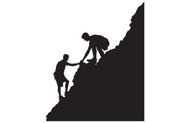 Helping friend reach the mountain top silhouette, Silhouette team helping, Teamwork, together, success, victory, goal, achievement, Helping friend silhouette, Vector illustration concept
