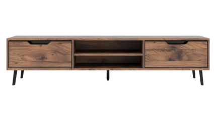 Modern wood tv stand isolated on transparent white background, clipping path