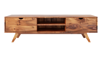Modern wood tv stand isolated on transparent white background, clipping path