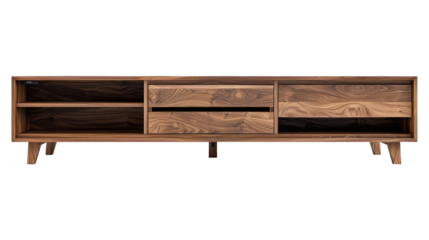 Modern wood tv stand isolated on transparent white background, clipping path